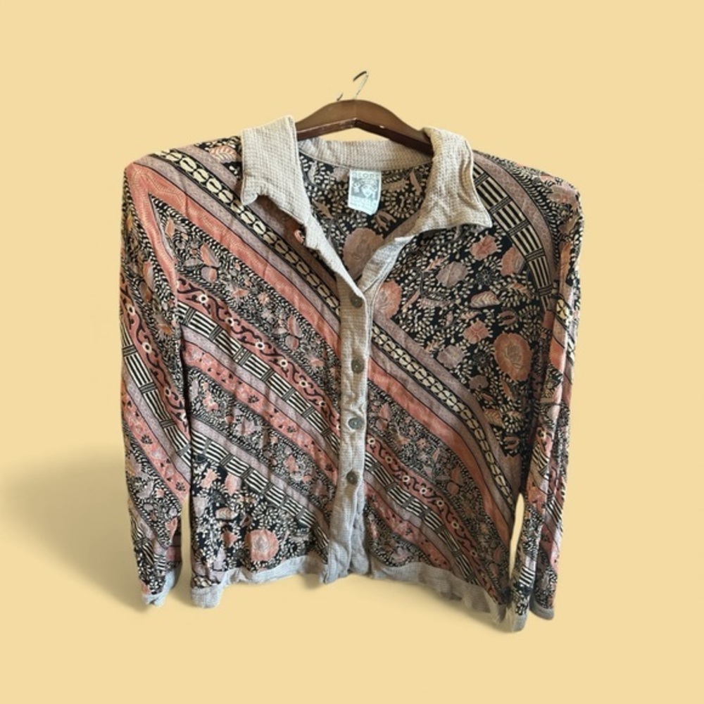 Globe Trotter Clothing of Bali Patterned Button-Up Long Sleeve Blouse Top XL